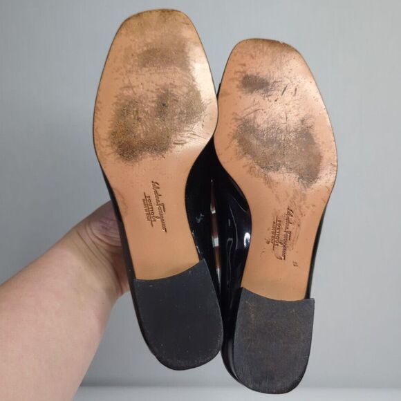 Salvatore Ferragamo Boutique 6.5 B Black Patent Leather With Bow Open Toe Slide - Picture 12 of 16